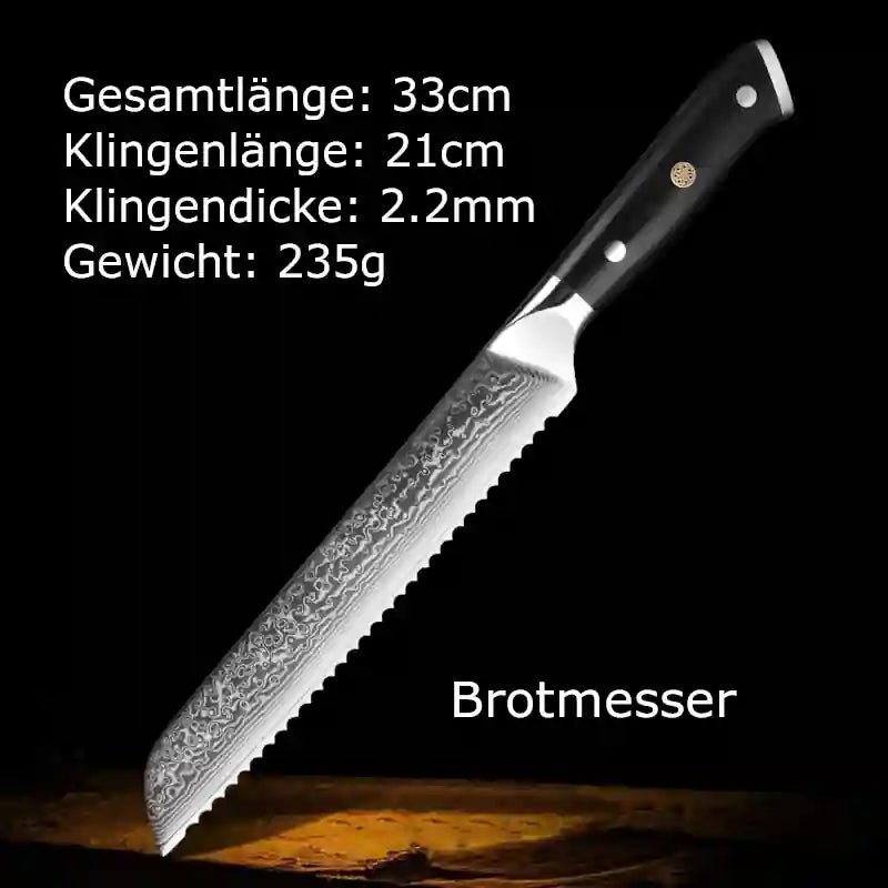 Brotmesser aus Damaststahl mit Wellenschliff & G10-Griff – hochwertiges, günstiges Küchenbesteck mit präzisen Messermaßen
