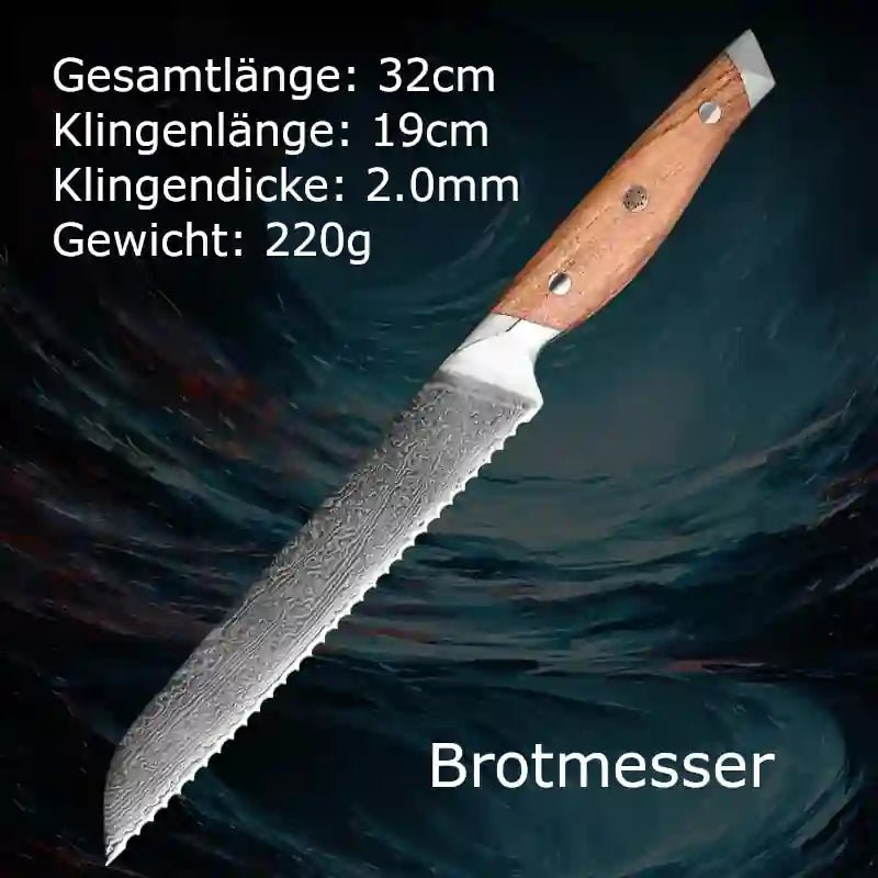 Damast Brotmesser mit Wellenschliff – Schneidemesser und Küchenmesser mit Klinge und Messermaßen, Griff aus Olivenholz, edles Messer und Besteck für die Küche
