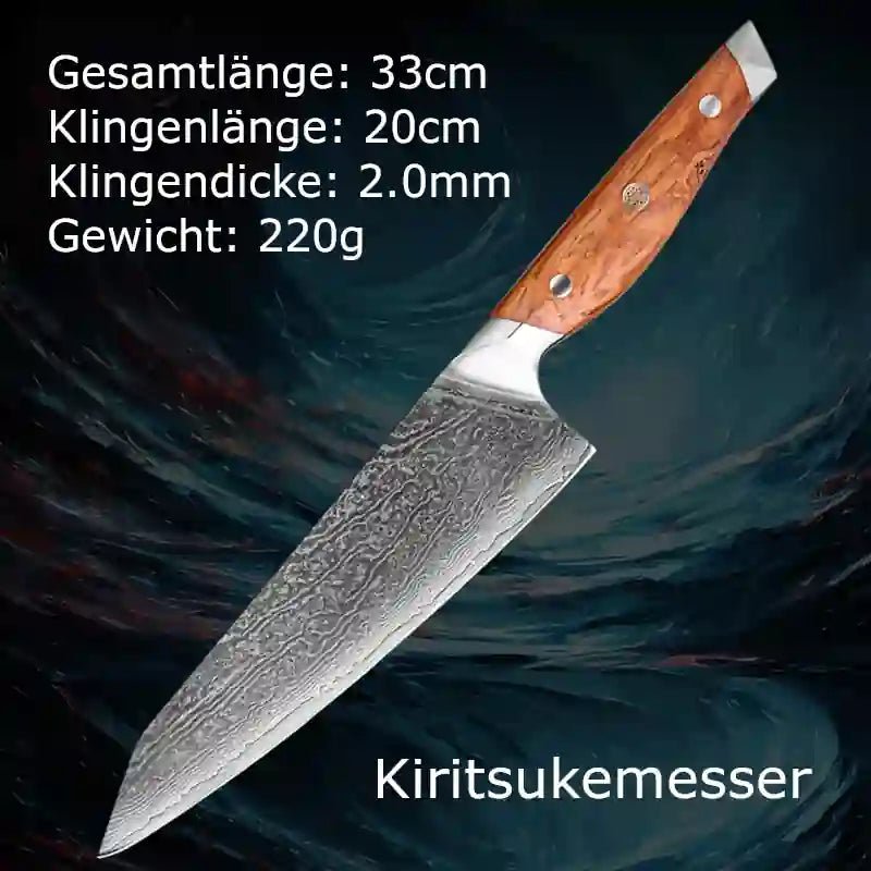Kiritsuke Damastmesser mit Olivenholzgriff – vielseitiges Küchen- und Fischmesser, edles Design für Profiköche.