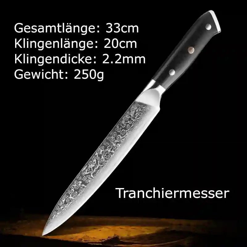 Schneidemesser, Küchenmesser und Tranchiermesser als vielseitiges Universalmesser mit Damast-Klinge, edlem G10-Messergriff und präzisen Messermaßen – hochwertiges Besteck für die Küche, günstig erhältlich