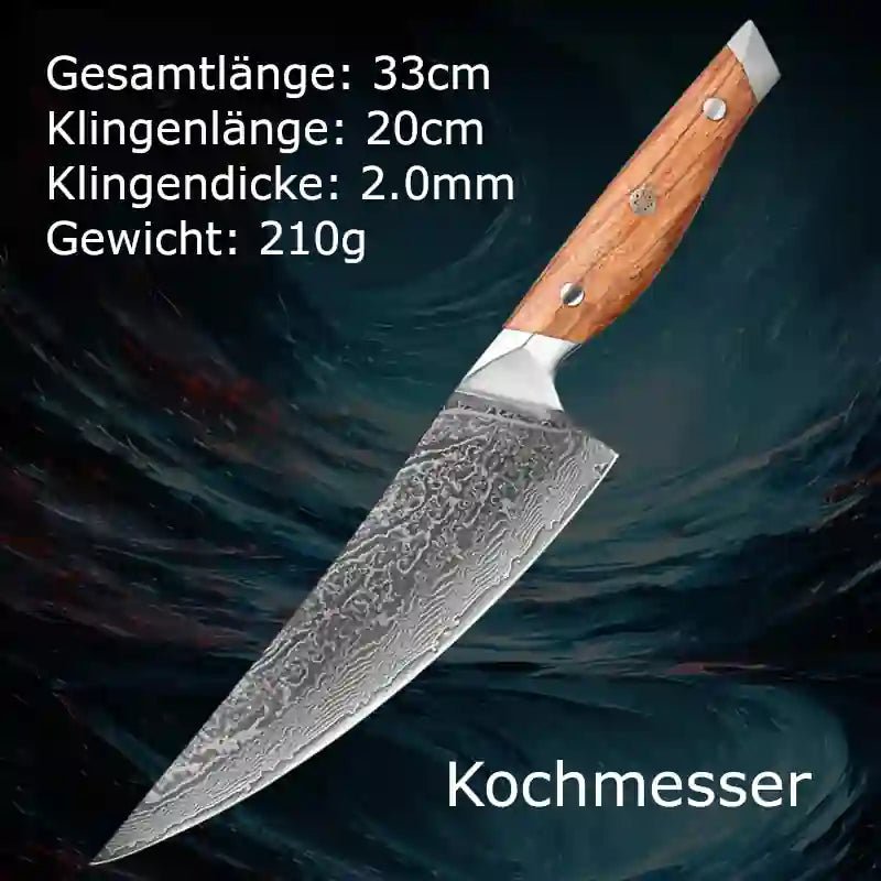 Hochwertiges Damast-Küchenmesser mit Olivenholz-Griff – als Chef-, Koch- und Universalmesser für präzises Schneiden.