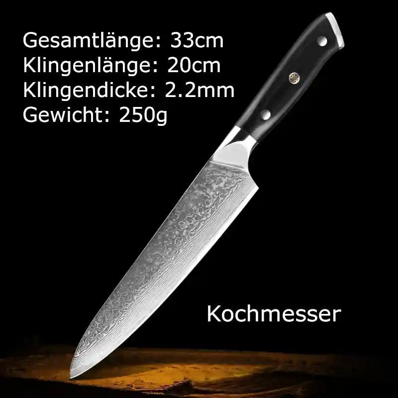 Koch-, Chef- & Universalmesser aus Damaststahl mit G10-Griff – langlebiges, günstiges Küchenbesteck mit Messermaßen