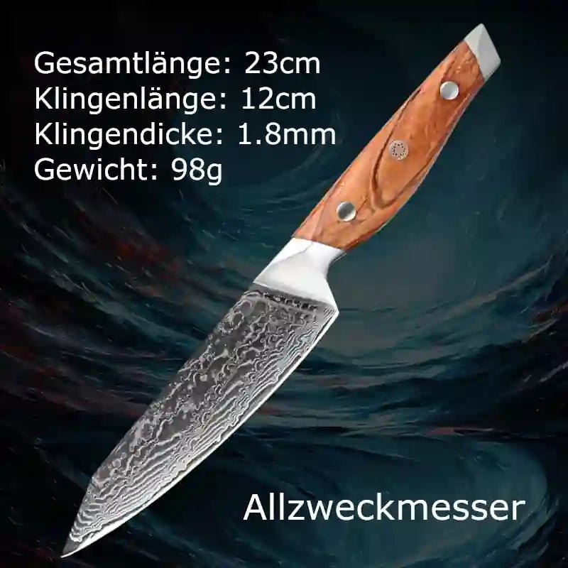 Damast-Allzweckmesser mit Olivenholz-Griff – als Universal-, Schneide- & Steakmesser für präzises Arbeiten in der Küche.