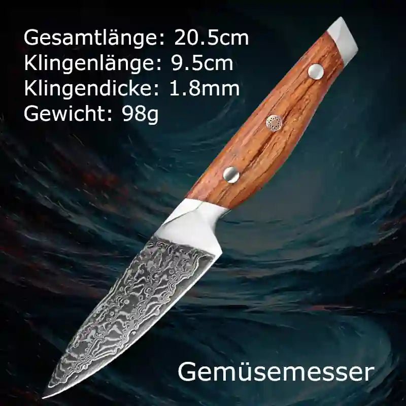 Edles Damast-Küchenmesser mit Olivenholz-Griff – als Gemüse-, Frucht- & Schälmesser für präzises Arbeiten in der Küche.
