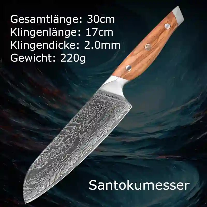 Santokumesser aus Damast – Allzweck-Küchenmesser mit Olivenholzgriff, präzise und vielseitig einsetzbar