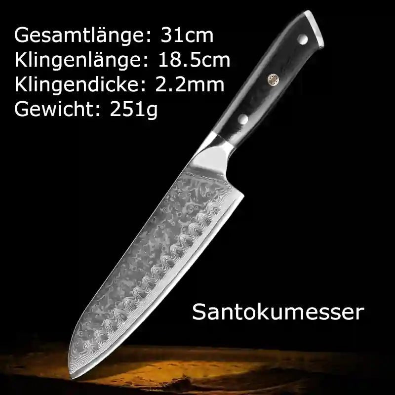 Schneidemesser und Küchenmesser aus Damaststahl – japanisches Santokumesser mit G10-Messergriff, vielseitiges Allzweckmesser für die Küche, hochwertiges Besteck mit Messermaßen
