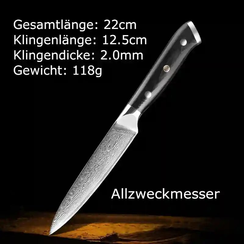 Schneidemesser und Küchenmesser als Allzweckmesser, Universalmesser und Steakmesser mit Damastklinge, edles Küchenbesteck mit G10-Messergriff und präzisen Messermaßen
