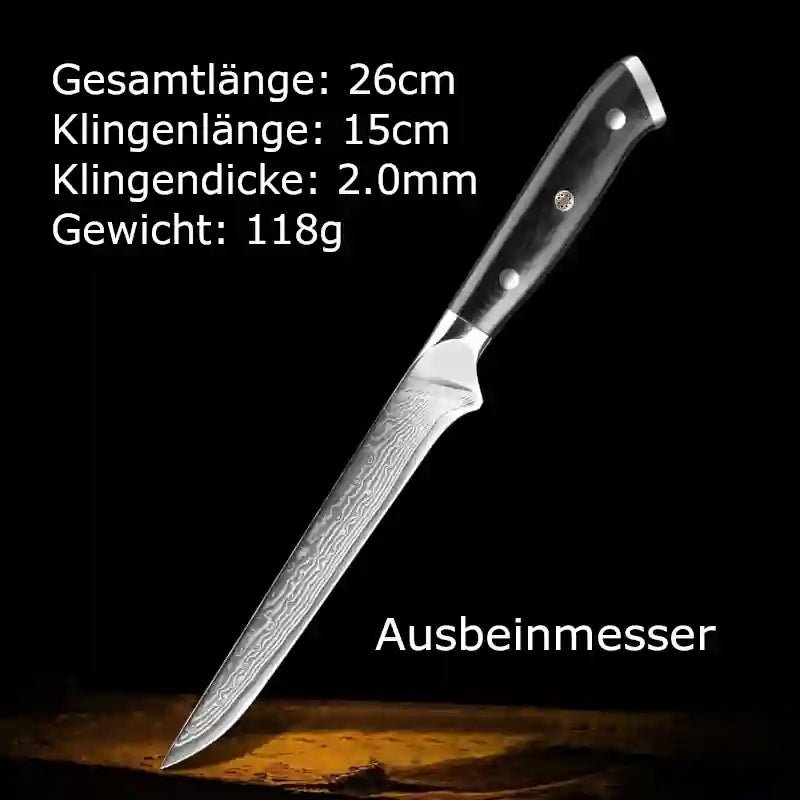 Schneidemesser und Küchenmesser als Ausbeinmesser und Metzgermesser aus Damast, hochwertiges Küchenbesteck mit G10-Messergriff und genauen Messermaßen