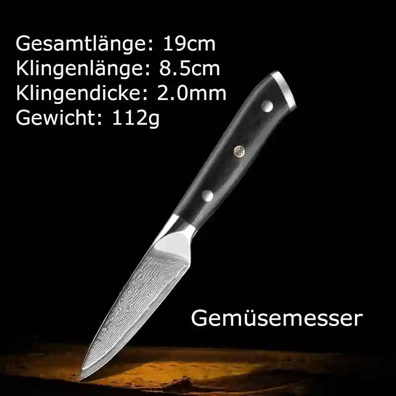 Damast-Gemüse-, Frucht- & Schälmesser mit G10-Griff – edles Küchenbesteck, präzise Maße, vielseitig einsetzbar.