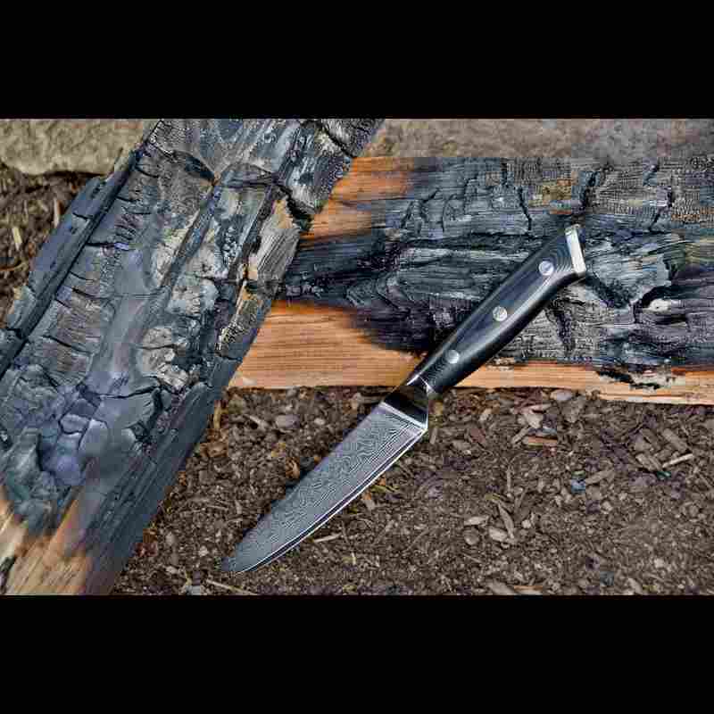 Allzweckmesser mit 12cm langer Klinge in Natur am verkohlten Holz - G10 Messergriff in schwarz