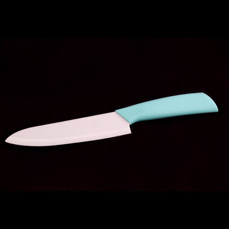 Kochmesser mit 15cm Klingenlänge als Keramikmesser aus Zirkonoxid mit weißer Klinge und blauem Kunststoff - Griff