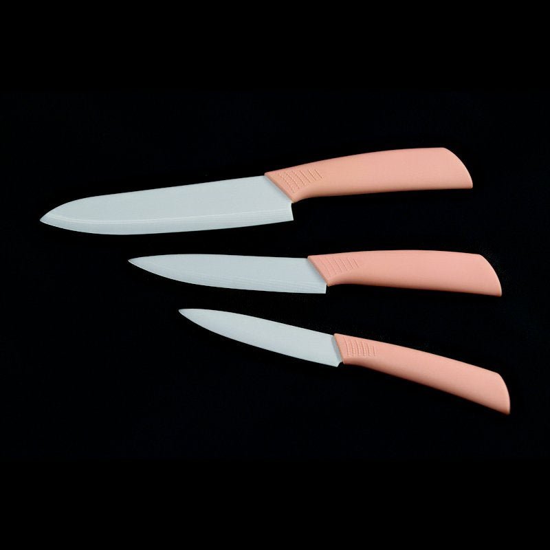 Keramikmesser Set aus Kochmesser, Allzweckmesser und Gemüsemesser mit weißer Klinge aus Zirkonoxid und pinkem Kunststoff - Griff