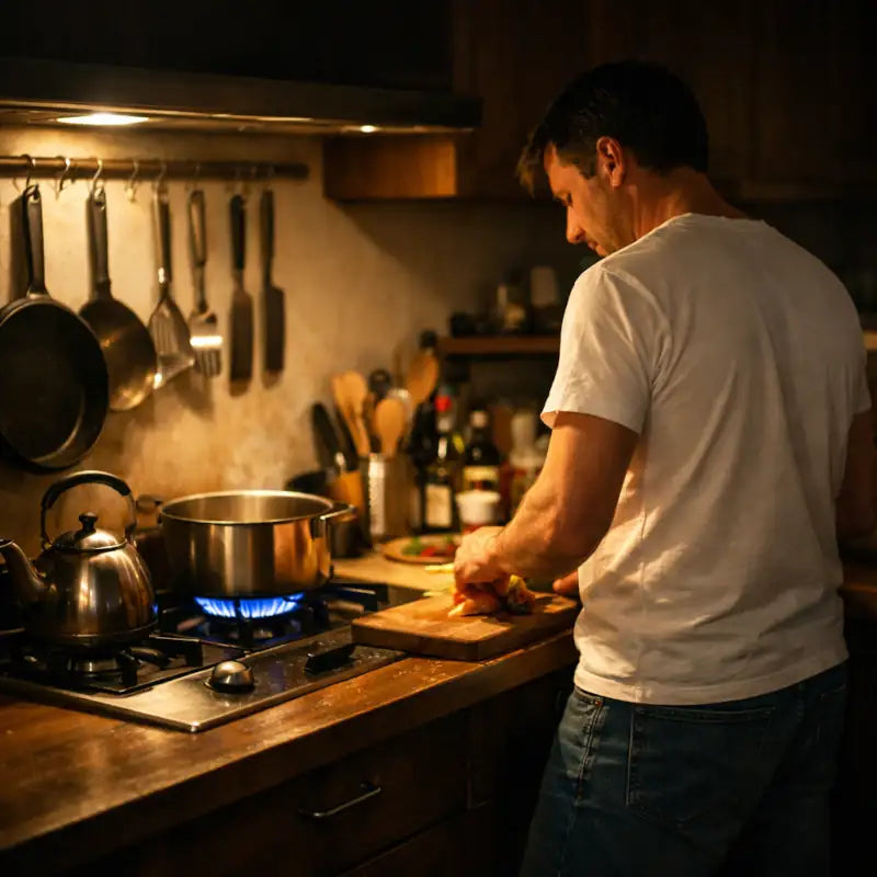 Kochen bei warmem Licht in der Kueche