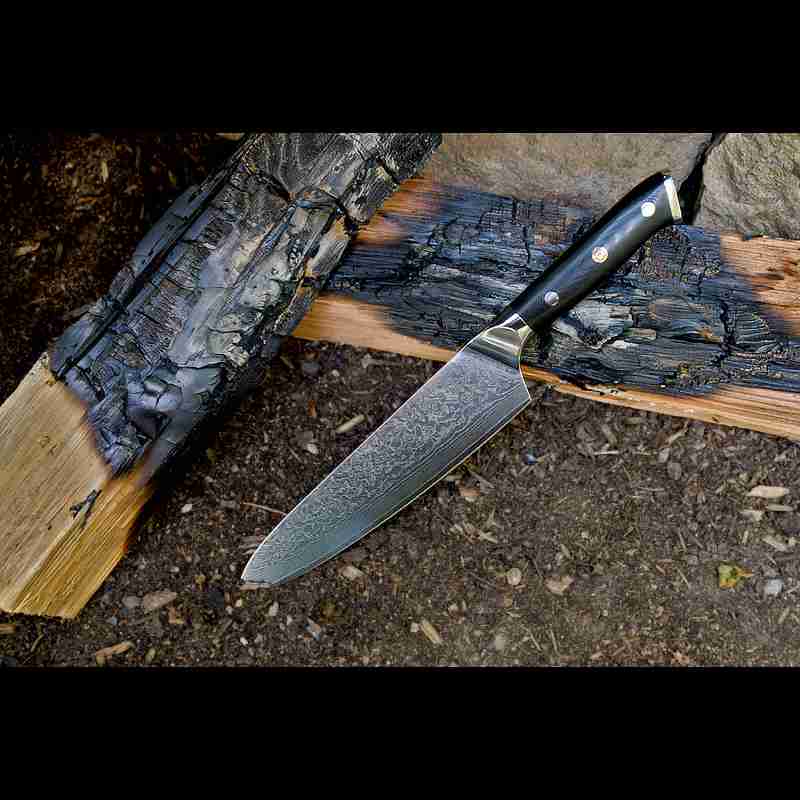 Kochmesser in Natur an verkohltes Holz - G10 Messergriff in schwarz