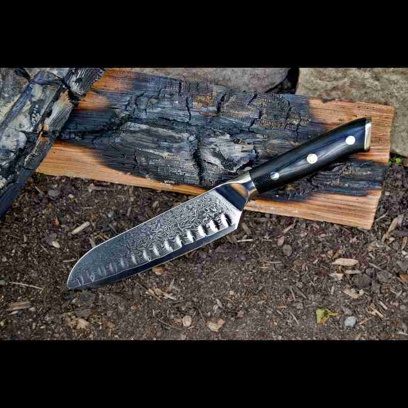 Santokumesser in Natur an verkohltes Holz - G10 Messergriff in schwarz