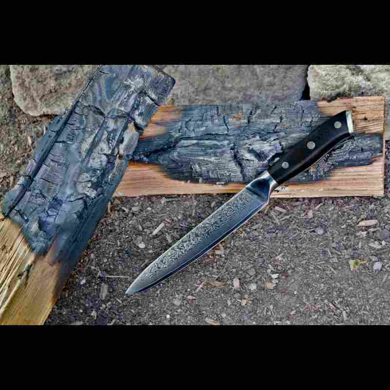 Kochmesser in Natur an verkohltes Holz - G10 Messergriff in schwarz