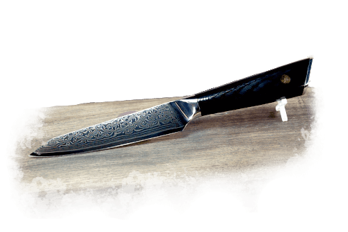 Allzweckmesser aus VG10 Stahlkern mit 67 Lagen Damaststahl und schwarzem G10-Griff