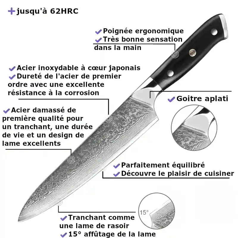 Visualisation des avantages d'un couteau en damas : lame durable, affûtage précis, design élégant et manche ergonomique.