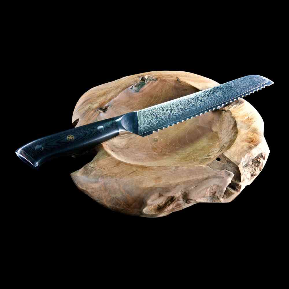 Schneidemesser und Küchenmesser mit Damaststahl – hochwertiges Brotmesser mit Wellenschliff und G10-Messergriff, vielseitiges Besteck für die Küche, günstig und langlebig