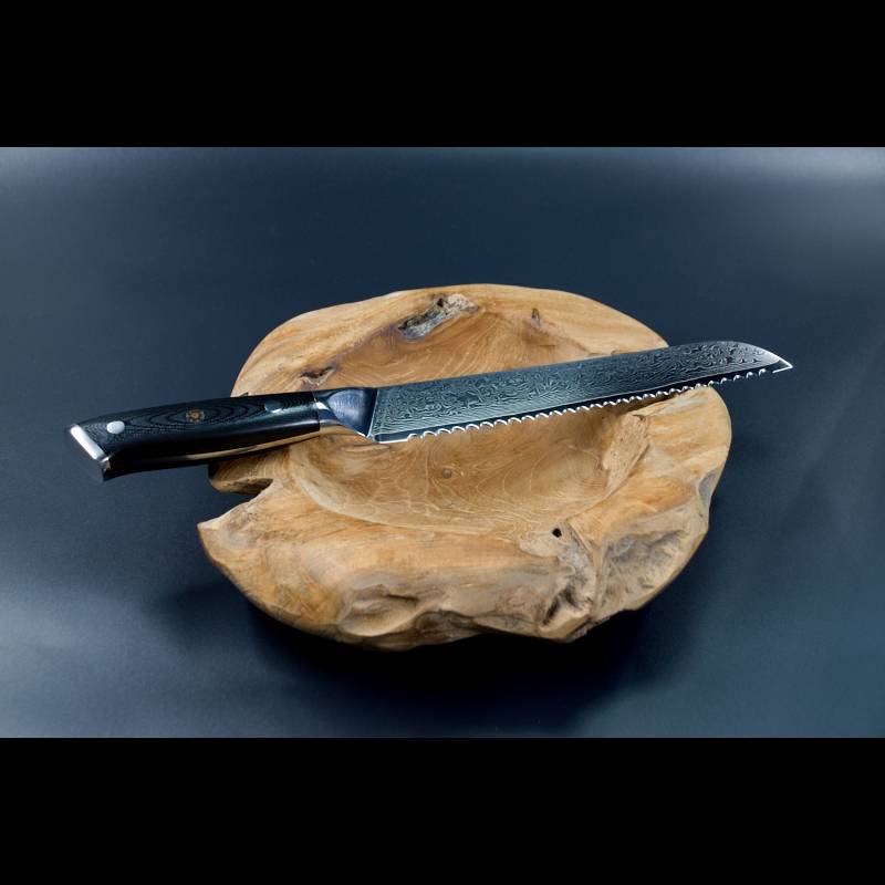 Schneidemesser und Küchenmesser mit Damaststahl – hochwertiges Brotmesser mit Wellenschliff und G10-Messergriff, vielseitiges Besteck für die Küche, günstig und langlebig