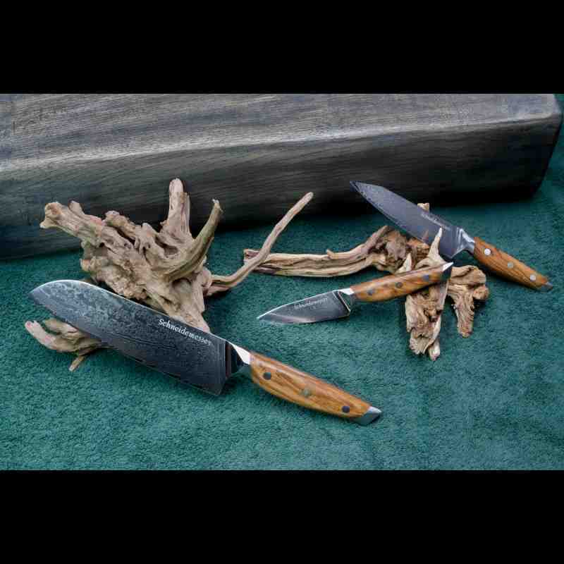 Das 3-teilige Damastmesser-Set mit VG10 Klingen aus 67 Lagen umfasst Allzweck-, Gemüse- und Santokumesser mit Olivenholzgriff.