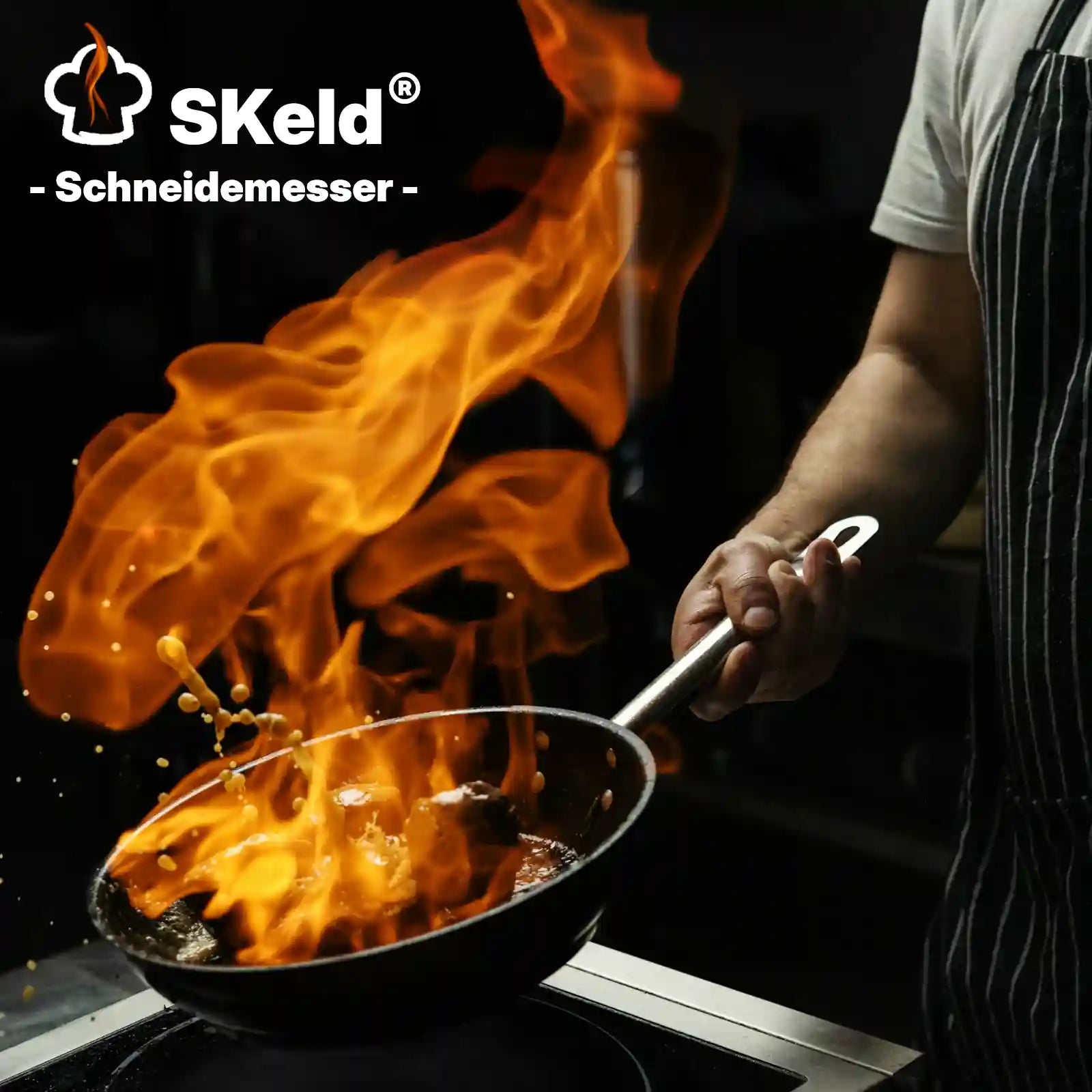 Flames bursting from a pan – a passion for cooking with SKELD Damascus steel and VG10 cutting knivesFlames bursting from a pan – a passion for cooking with SKELD Damascus steel and VG10 cutting knives