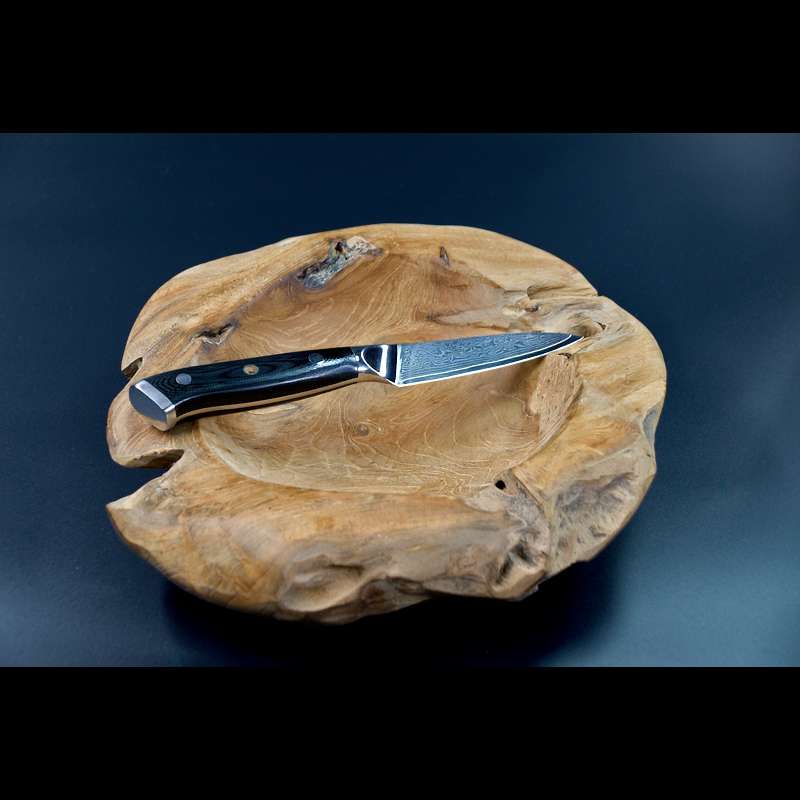 Gemüsemesser mit 9cm langer Klinge auf Holz Obstschale - G10 Messergriff in schwarz