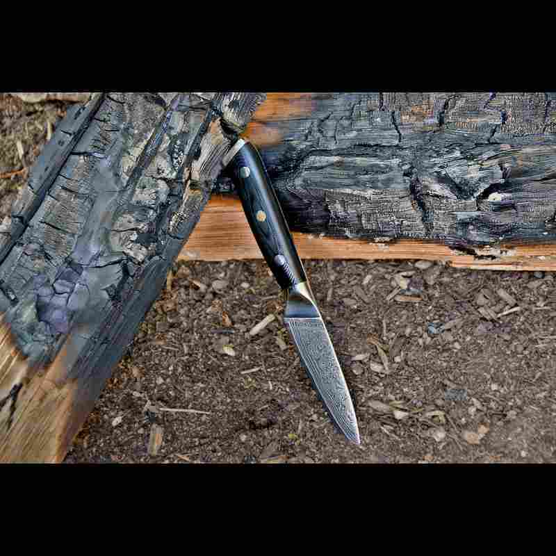 Gemüsemesser mit 9cm langer Klinge in Natur am verkohlten Holz - G10 Messergriff in schwarz
