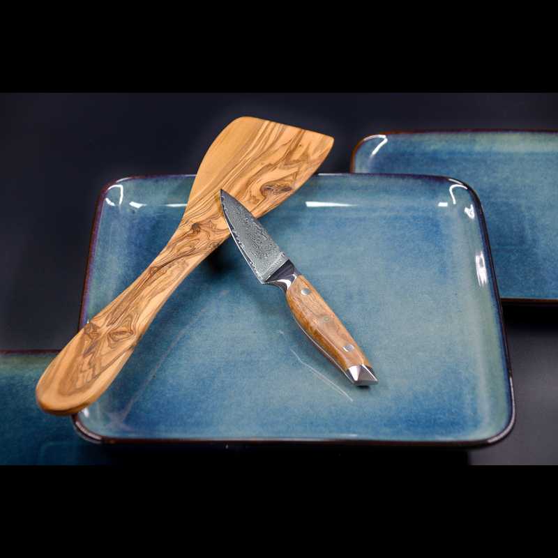 Günstiges Schneidemesser und Küchenmesser als Gemüsemesser, Früchtemesser und Schälmesser aus Damaststahl mit Olivenholz-Griff – edles Besteck für die Küche.