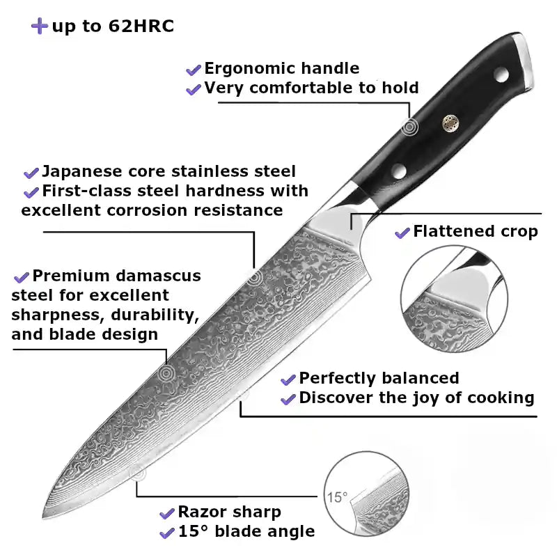 Visualization of the advantages of a damask knife – durable blade, precise cut, elegant design, and ergonomic handle.