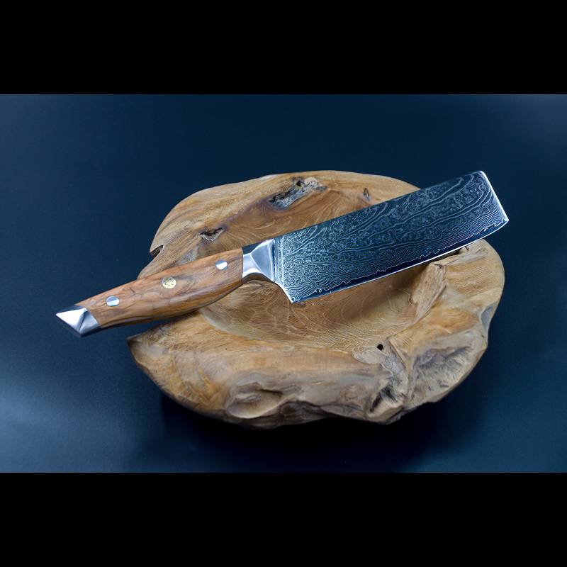Nakiri Damastmesser als hochwertiges Küchenmesser – Schneidemesser mit Olivenholzgriff, edles Besteck für die Küche, günstig erhältlich