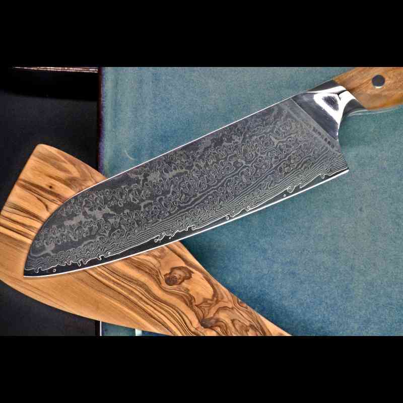 Japanisches Santokumesser aus Damast – vielseitiges Allzweckmesser, Schneidemesser und Küchenmesser mit Olivenholzgriff, edles Messer und Besteck für die Küche