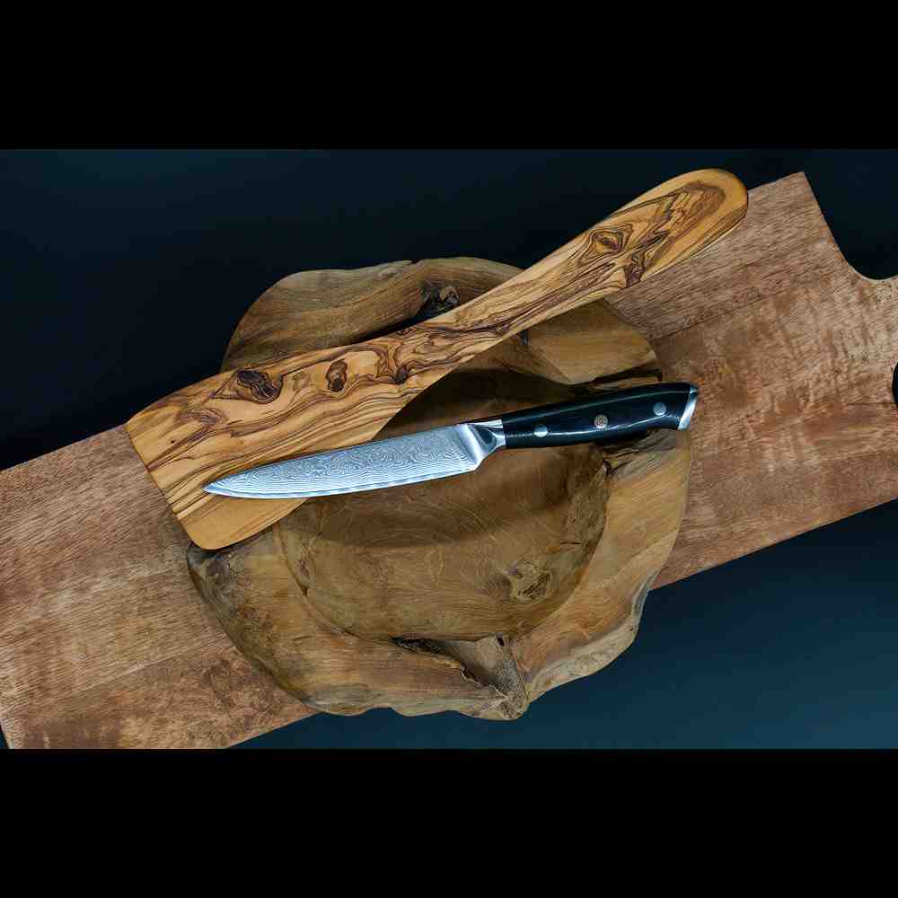 Günstiges Schneidemesser und Küchenmesser als Allzweckmesser, Universalmesser und Steakmesser mit Damastklinge im Damastmuster, hochwertiges Küchenbesteck mit G10-Messergriff