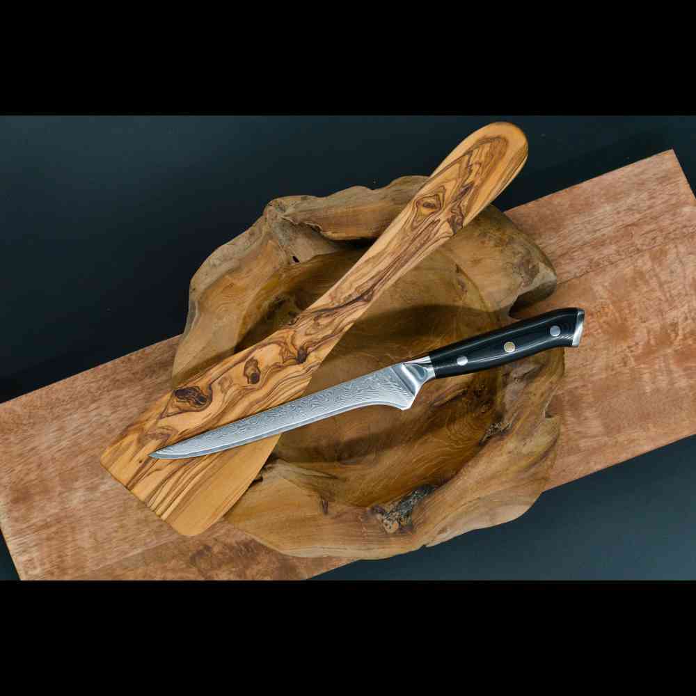 Günstiges Schneidemesser und Küchenmesser als Ausbeinmesser und Metzgermesser aus Damast, edles Küchenbesteck mit robustem G10-Messergriff
