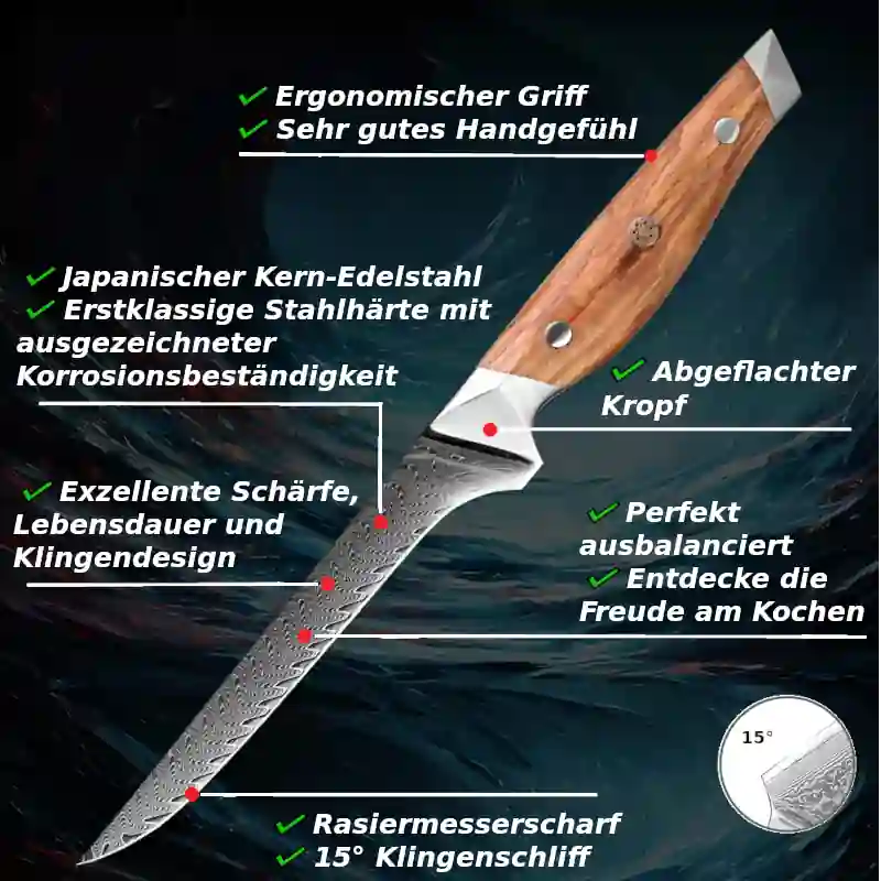 Schneide-, Küchen-, Ausbein- & Metzgermesser aus Damaststahl mit Olivenholzgriff – robustes, hochwertiges Küchenbesteck.