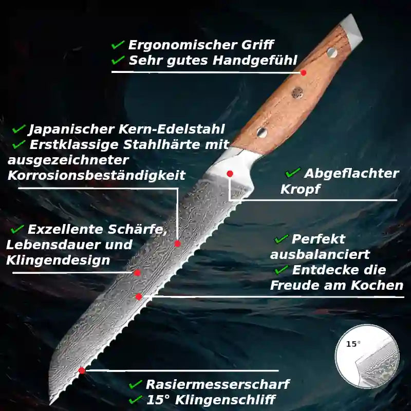 Schneide-, Küchen- & Brotmesser mit Wellenschliff aus Damaststahl – mit Olivenholzgriff & robustem Aufbau für die Küche.