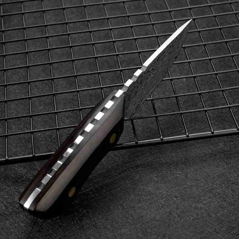 SKeld™ Outdoor Damastmesser – Gemüsemesser mit Ebenholzgriff und Lederscheide