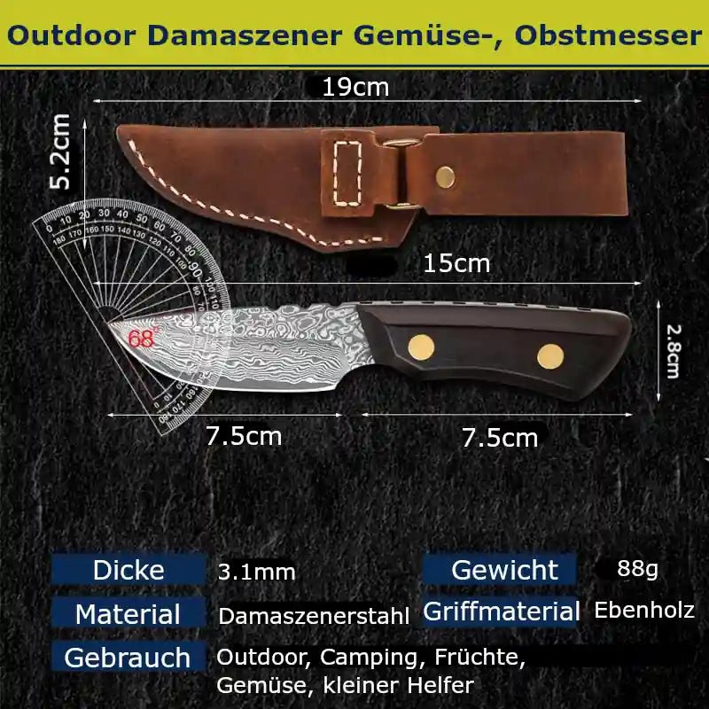 Schneidemesser und Damastmesser aus Damaststahl – Gemüsemesser und Früchtemesser mit robustem Ebenholzgriff, ideal für Outdoor, Camping und Freizeit, günstiges Messer für die Küche mit Maße