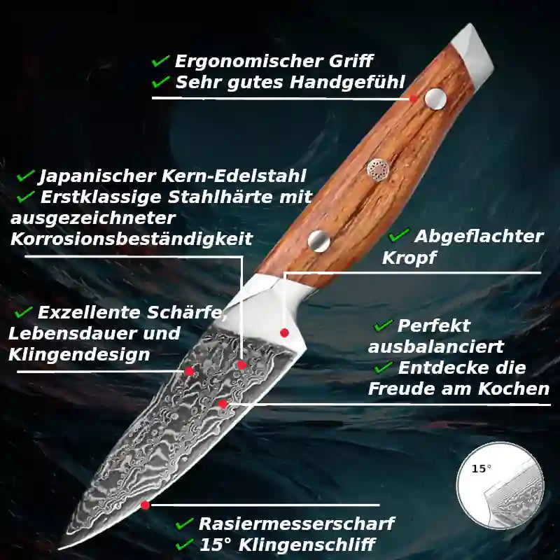 Schneide-, Küchen-, Gemüse-, Früchte- & Schälmesser aus Damaststahl mit Olivenholzgriff – robustes, hochwertiges Besteck.