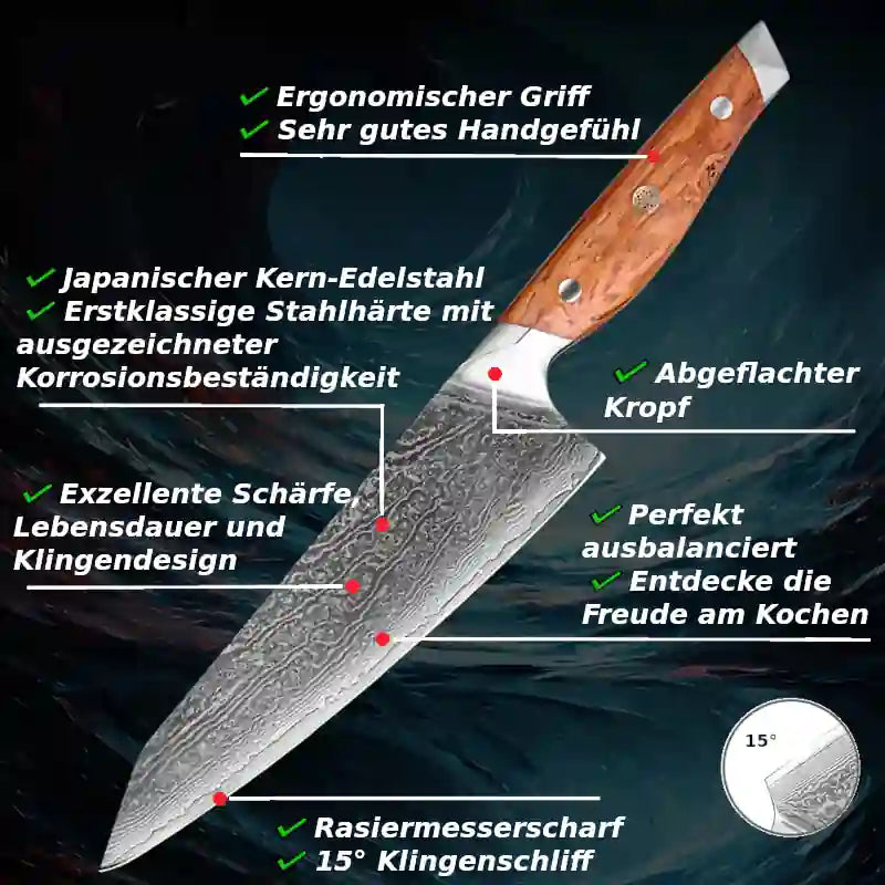 Küchen-, Schneide-, Kirit­suke- & Fischmesser aus japanischem Damaststahl mit Olivenholzgriff – robust & hochwertig.