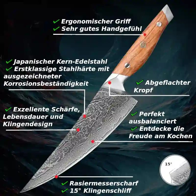 Schneide-, Küchen-, Koch-, Chef- & Universalmesser aus Damaststahl mit Olivenholzgriff – robustes, hochwertiges Küchenbesteck.