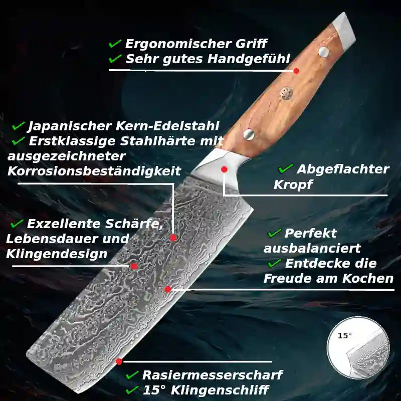 Nakirimesser, Küchen- & Schneidemesser aus japanischem Damaststahl mit Olivenholzgriff – robust & hochwertig.