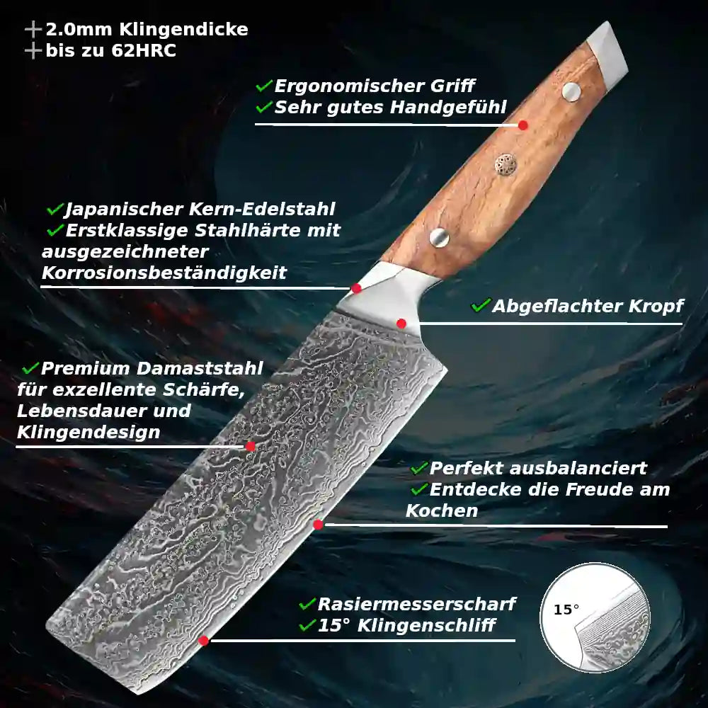 Schneidemesser, Küchenmesser und Nakirimesser aus japanischem Damaststahl – hochwertiges Besteck für die Küche mit Olivenholzgriff und robustem Messeraufbau