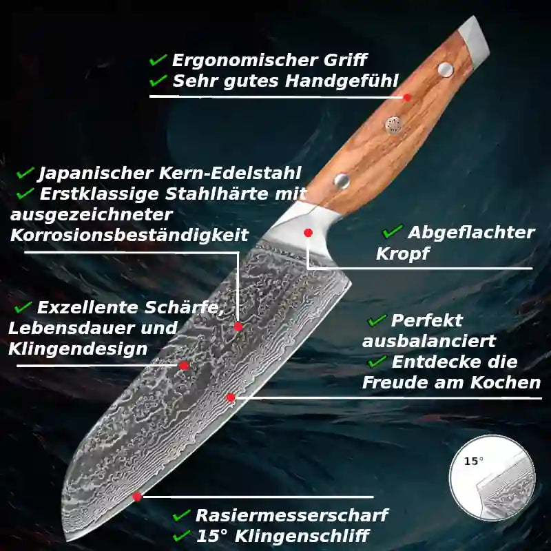 Schneide-, Küchen-, Santoku- & Allzweckmesser aus japanischem Damaststahl mit Olivenholzgriff – robust & hochwertig.