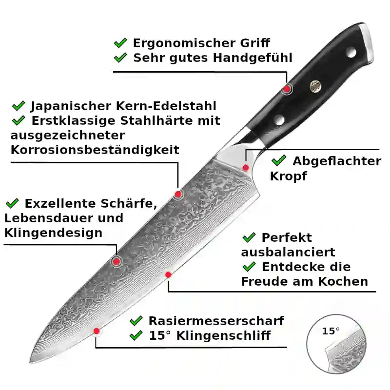 Visualisierung der Vorteile eines Damastmessers – langlebige Klinge, präziser Schliff, edles Design und ergonomischer Griff.